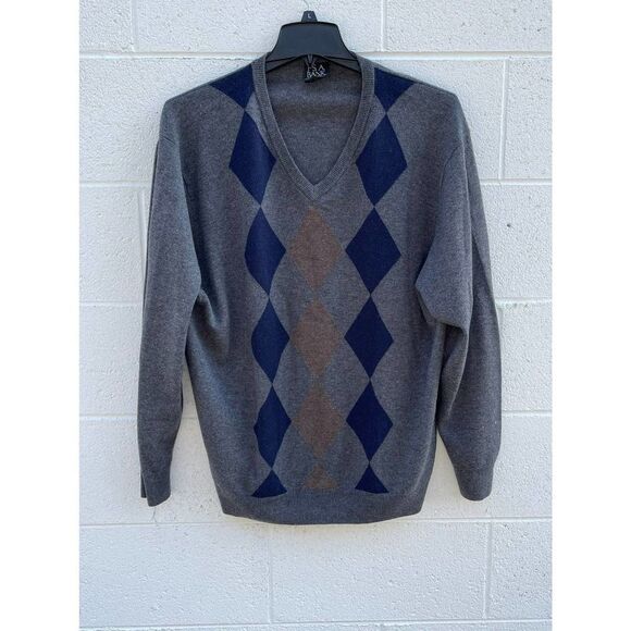 Jos A Bank Argyle V-Neck Sweater Mens XXL Pullover gray Lambs Wool blend preppy - Picture 1 of 11